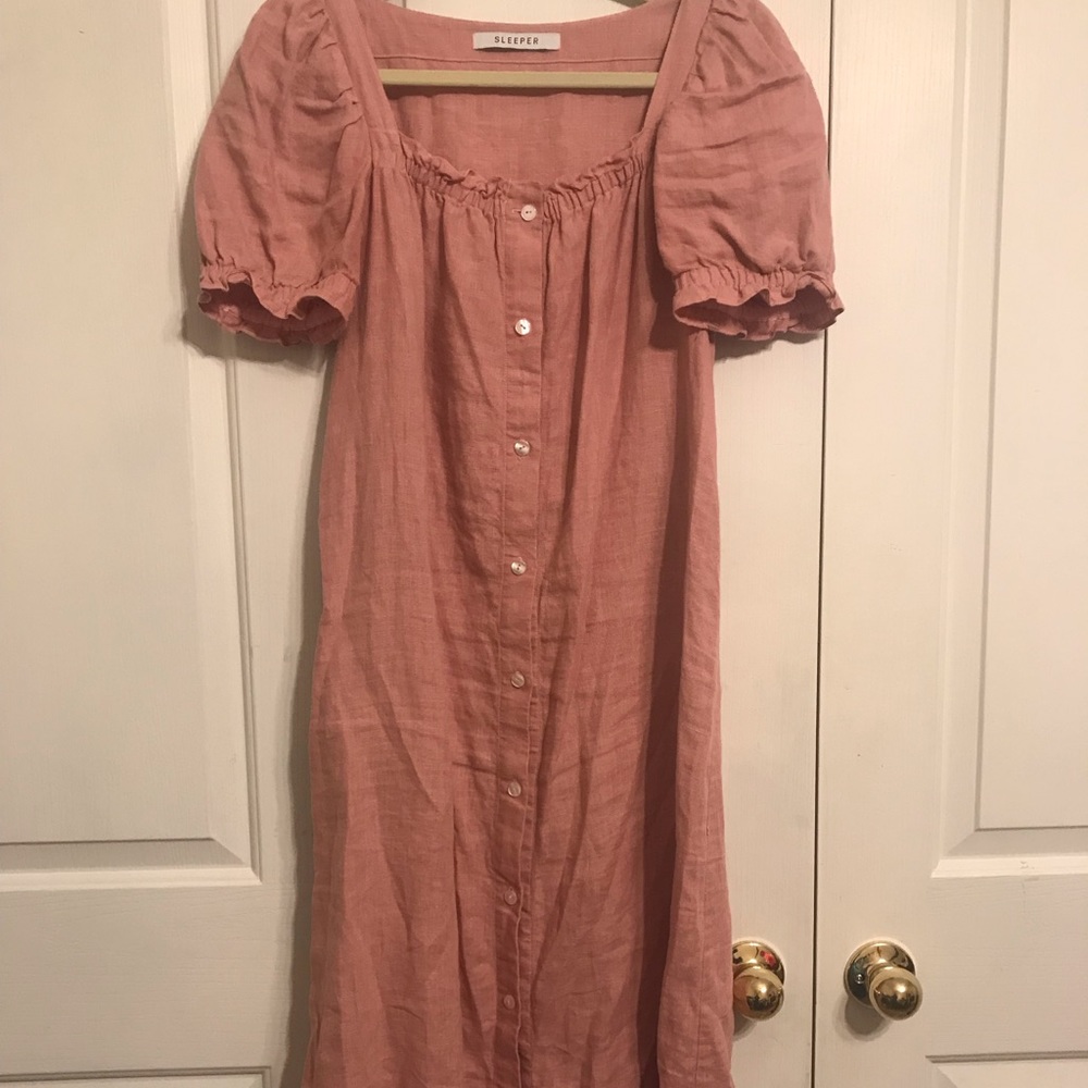 Sleeper Brigitte House Linen Cottage Dress Square Neck Dusty Rose Pink Mauve M